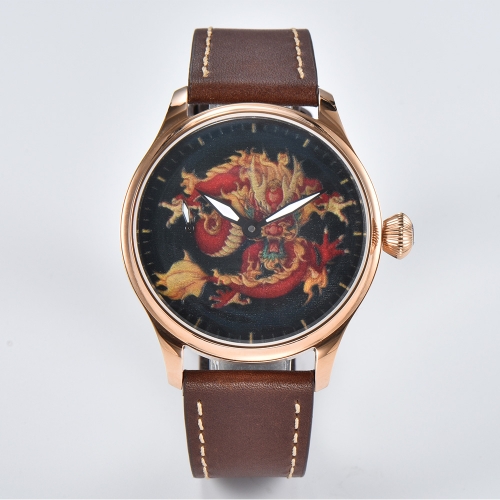 44mm Parnis Hand Winding Mens Classic Dragon Drawing Dial Wrist Watch