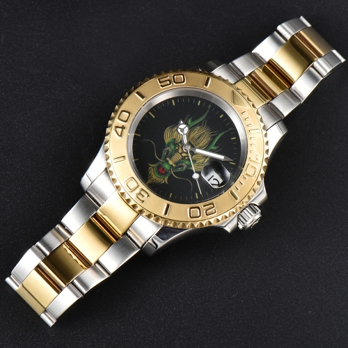 41mm Parnis Miyota Movimento Automático Data Homens Custom Dragon Drawing Watch Pulseira de Ouro Inoxidável