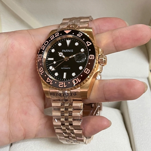 Parnis 40mm Rose Gold Case Automatic Mechanical Men's Watches GMT Sapphire Waterproof Watch For Men