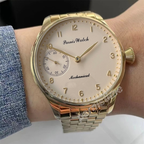 2024 New Parnis 44mm Gold Mechanical Hand Wind Men's Watches Gold Stainless Steel Bracelet Hand Winding Men Watch2024 New Parnis 44mm Gold Mechanical 