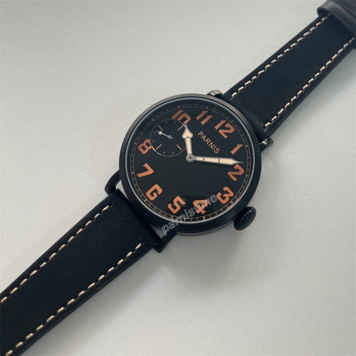 2024 New Parnis 46mm Black Case Mechanical Men Watch Orange Scale Leather Strap Hand Wind Men Luminous Wristwatches