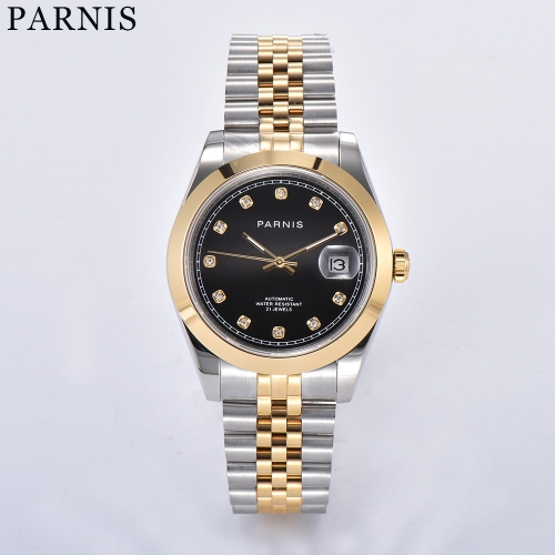 39.5mm Parnis Relógio de pulso masculino de cristal de safira com diamante luxuoso de 21 joias
