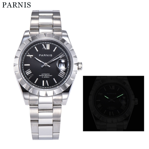 Parnis 39.5mm 21 rubis mécanique automatique à chiffres romains montre-bracelet pour homme