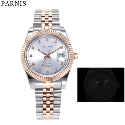 39.5mm Parnis Stereosc Bezel Elegant Diamond Dia Miyota Reloj de pulsera automático para hombre
