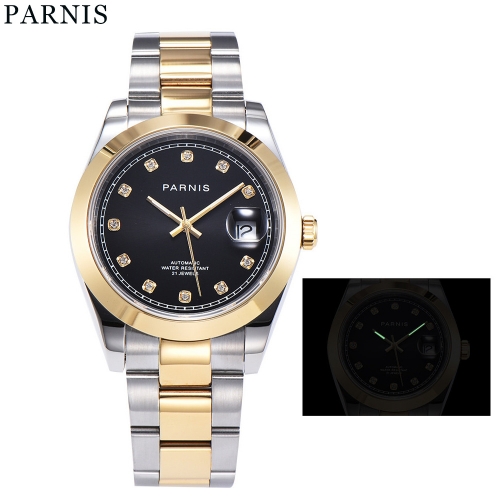 Parnis 39.5mm Гладкий безель Элегантный алмазный циферблат Miyota Автоматические мужские наручные часы