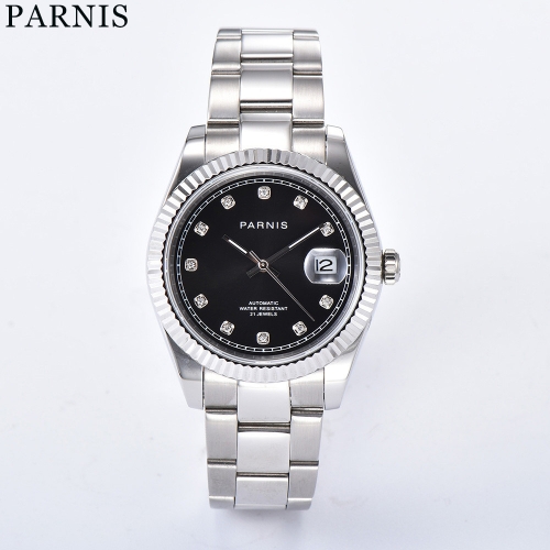 39.5mm Parnis Stereosc Bezel Elegant Diamond Dia Miyota Montre-bracelet automatique pour homme