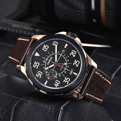 44mm Parnis Red GMT Luminous No. Mens Military Watch Sapphire Date Small Second