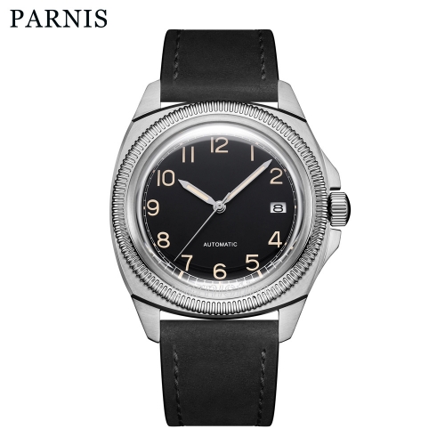Parnis 41mm Black Dial Japan Seiko NH35 Automatic Mechanical Men Watches Leather Strap Sports Watch for Men 2024 year