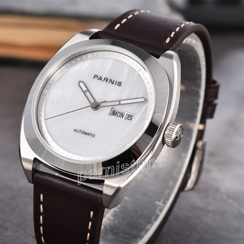 Parnis 42mm シルバーケース白いダイヤル機械男性の時計サファイアガラスの運動自動男性の腕時計