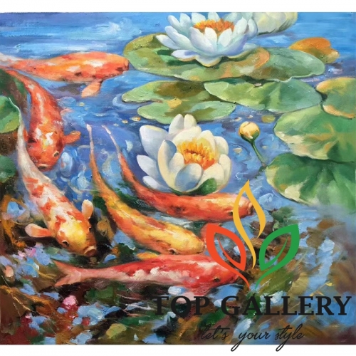 koi pond oil painting, customized koi painting on canvas