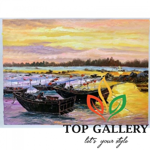 original seascape art ,harbour painting ,harbour under the sunset painting