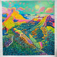 Mountain view in a sea of clouds , colorful mountain art, vivid mountain art