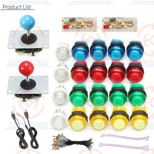 2 Players DIY Arcade Joystick Kits With 20 LED Arcade Buttons + 2 Joysticks + 2 USB Encoder Kit + Cables Arcade Game Parts Set