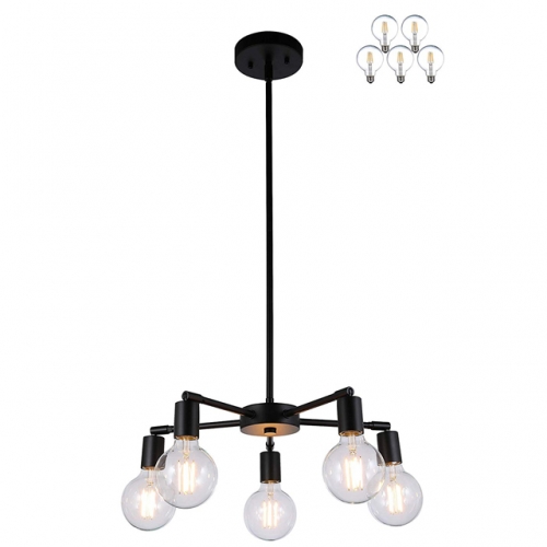 Chandelier Lights 5 Light Modern Pendant Light with Dimmable LED Filament Bulb in Matt Black, Vintage Industrial Ceiling Light  XB-C1211-5-MBK