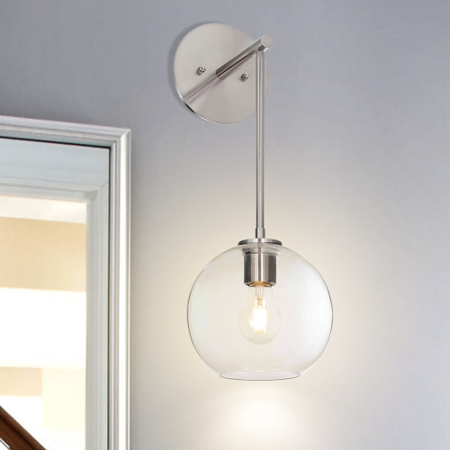 Wall Light, Modern 1 Light Globe Glass Bath Sconces Wall Lamp Brushed Nickel Finish for Bathroom Bedside & Living Room XB-W1263-BN