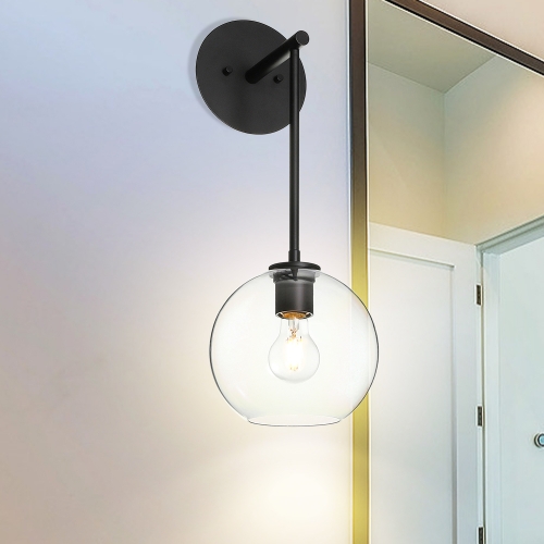 Wall Sconce, Retro 1 Light Globe Glass Wall Mounted Light Matte Black Finish for Bathroom Bedside & Living Room XB-W1263-MB