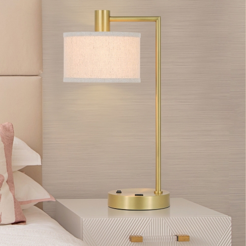 Table Lamp USB Desk Lamp with Fabric Shade, Modern Bedside Iron Lamp Satin Brass Finish for Bedroom Living Room & Office XB-TL1230-SB