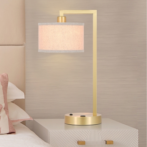 Table Lamp Desk Lamp with USB and Fabric Shade, Modern End Table Lamp Satin Brass Finish for Bedroom Living Room & Office XB-TL1231-SB