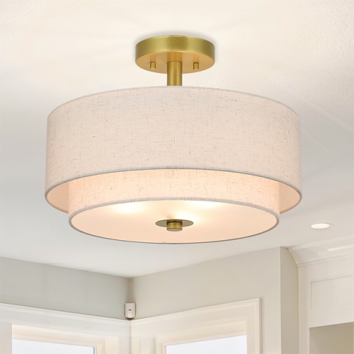 3 Light Semi Flush Mount Light, Close to Ceiling Light Fixture with Fabric Shade Retro Gold Brass 16 inch Semi Flush Drum Light for Bedroom & Living Room XB-SF1289-GB