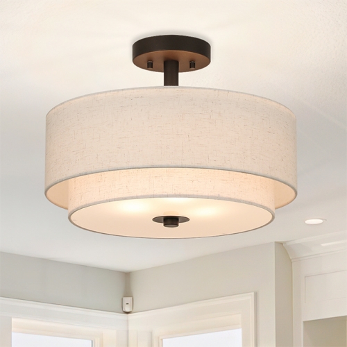 Drum Semi Flush Light, 3 Light Semi Flush Mount Ceiling Light Fixture with Fabric Shade Modern Close to Ceiling Light for Bedroom & Living Room Dark Bronze Finish XB-SF1289-DB