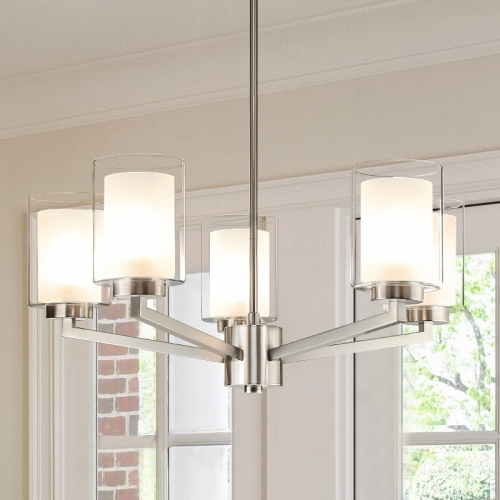 Nickel Chandelier, Modern 5 Light Chandeliers Pendant Light with Dual Glass Adjustable Hanging Ceiling Chandelier Fixture for Living & Dining Room XB-C1294-5-BN