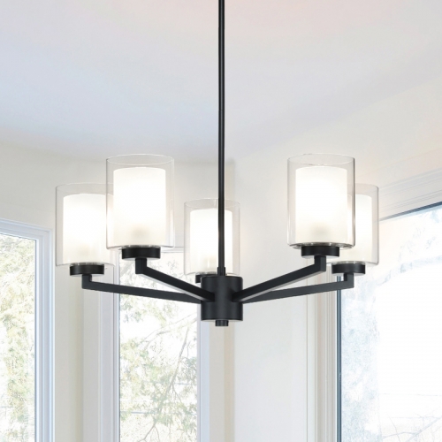 5 Light Chandeliers, Farmhouse Chandelier Pendant Light with Dual Glass Adjustable Black Hanging Ceiling Light Fixture for Living & Dining Room XB-C1294-5-MB