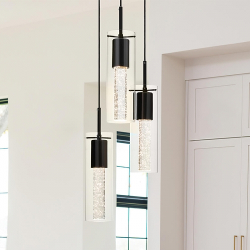 Pendant Light, Modern 3 Light Cluster Kitchen Island Pendant Lighting with LED Bulb & Bubble Crystal, Matte Black Finish XB-P1110-3-MB