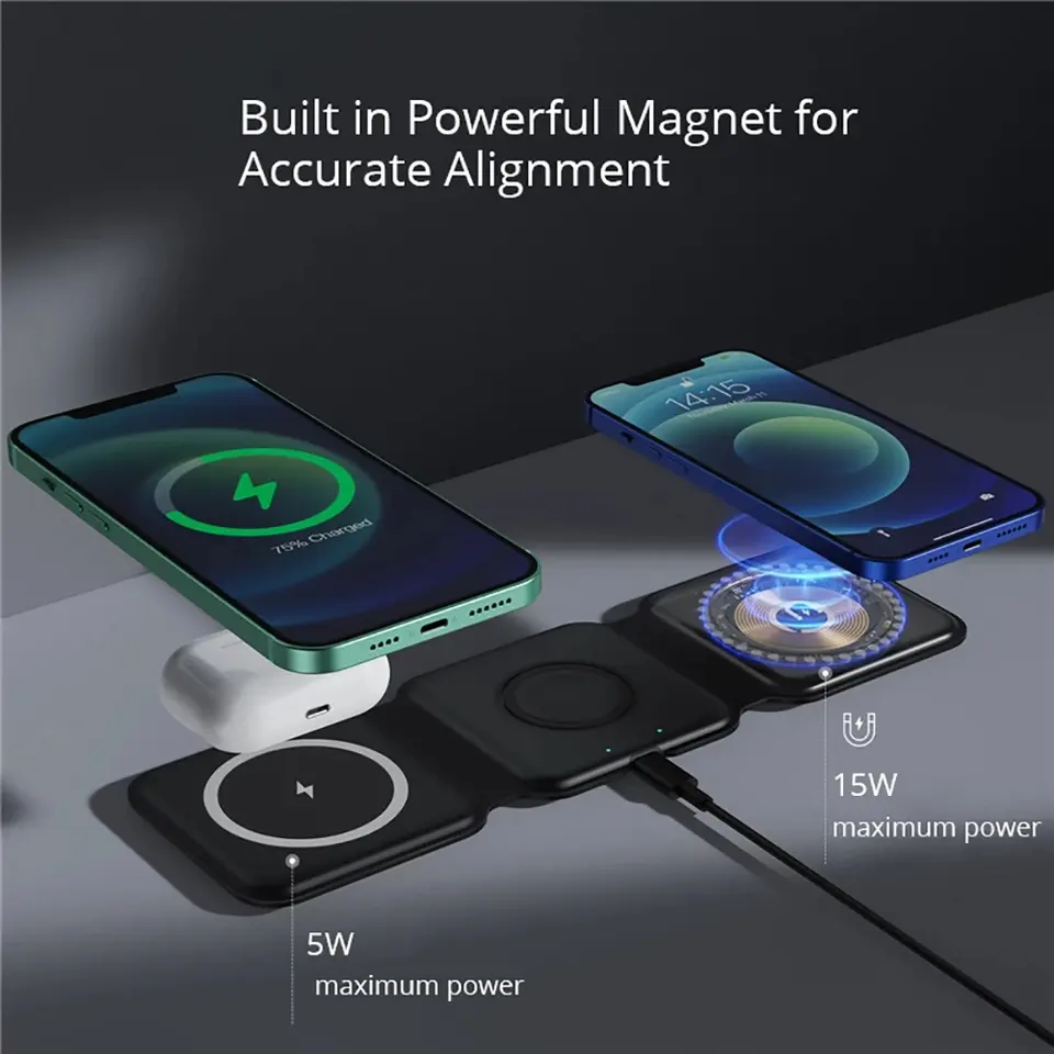 Trending Portable 3 In 1 Qi Folding Magnetic Wireless Charger 15w Fold Fast Charging Stand for apple advice