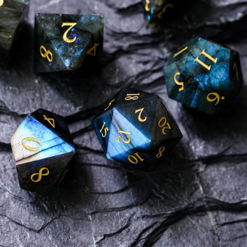 Sharp Labradorite Gemstone Dice Set With Hexagonal Leather Box