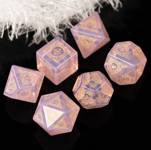 Cusdie Set of 7 Handmade Opal Stone Dice with Leather Box , 16mm Polyhedral Dice Set, Gemstone Dices for Collection