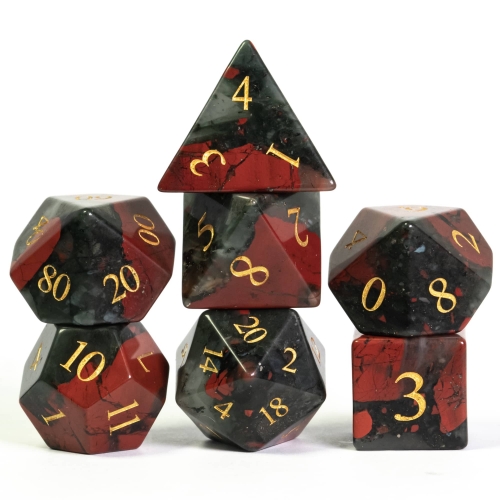 Cusdie Set of 7 Handmade Blood Stone Dice, 16mm Polyhedral Stone Dice Set with Leather Box, DND Dices for Collection