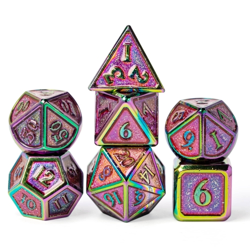 cusdie Colorful with Glitter Metal D&D Dice, 7 PCs DND Dice, Polyhedral Dice Set, for Role Playing Game MTG Pathfinder