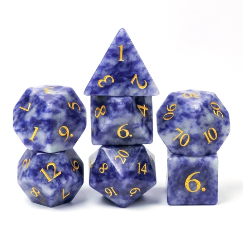 Cusdie 7Pcs/Set Handmade Blue Dot Stone Dice Set, 16mm Polyhedral DND Dice Set with Leather Box, DND Dices for Collection