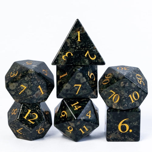 Cusdie Set of 7 Handmade Kambaba Jasper Dice, 16mm Polyhedral Stone Dice Set with Leather Box, DND Dices for Collection