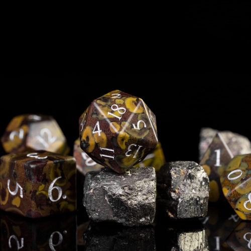 Cusdie 7-Die Handmade DND Dice, 16mm Polyhedral Stone Dice Set with Leather Box, Camouflage DND Dices for Collection