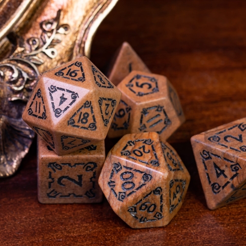 Cusdie 7-Die Handmade Marble Stone DND Dice, 16mm Polyhedral Stone Dice Set w/ Leather Box, Brown DND Dices for Collection