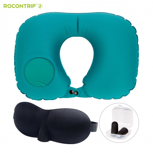 Rocontrip Inflatable Travel Pillow, Compact Lightweight Push Button Inflation U Shape Neck Pillow with Eye Mask Earplug in Drawstring Bag for Travel,