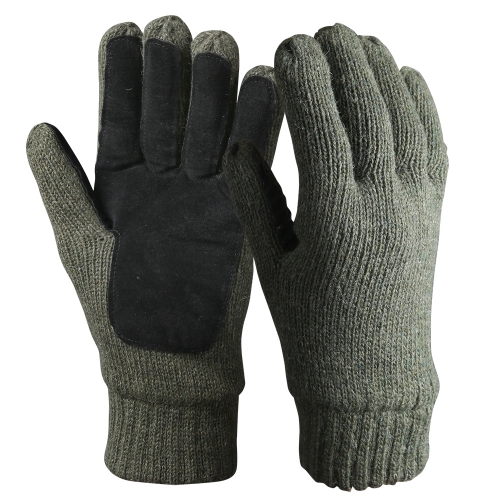 Military green Leather grip palm Ragg wool Insulated knitted thermal work gloves