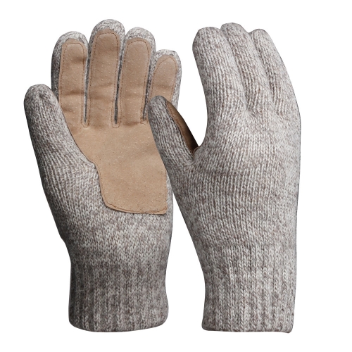 Leather grip palm Ragg wool Insulated knitted thermal gloves