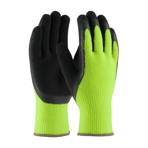 Cold resistant Hi Vis Fluorescent Yellow Seamless Knit Acrylic terry cloth thermal latex coated work glove for cold work