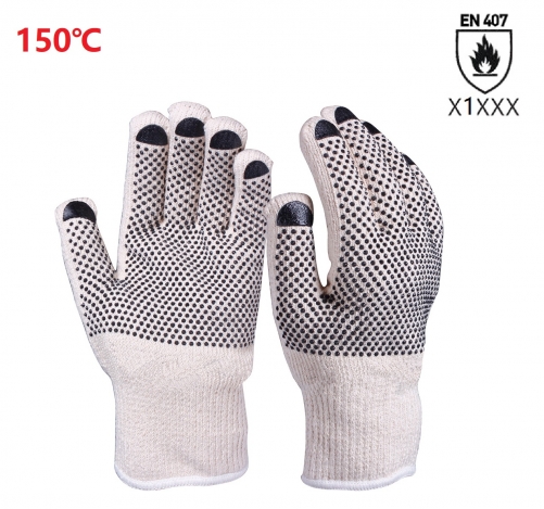 150 Degrees EN407 Light Heat resistant Cotton Thermal terry cloth loop in work safety grip glove with PVC dots for Stamping Bakery Catering cold store