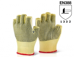 7G Regular weight String knit cut resistant Aramid work fingerless glove for metal sheets stamping and glass handling