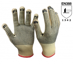 7G Heavy weight PVC dotted String knit cut resistant Aramid work fingerless glove for metal sheets stamping and glass handling