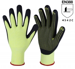 ANSI cut level A4 13G High Visibility yellow Dotted Micro Foam Nitrile coated HPPE Glass fiber cut resistant grip work glove