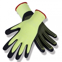 ANSI cut level A4 13G High Visibility yellow Dotted Micro Foam Nitrile coated HPPE Glass fiber cut resistant grip work glove