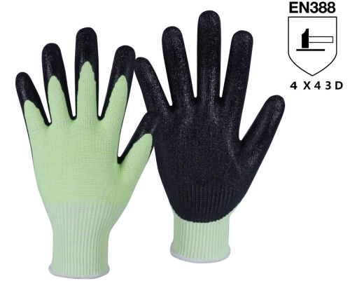 ANSI cut level A4 13G High Visibility yellow Micro Foam Nitrile coated HPPE cut resistant work glove