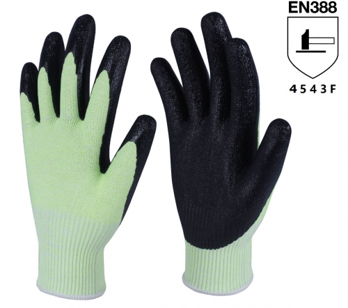 ANSI cut level A6 13G High Visibility yellow HPPE glass steel blend cut resistant work glove with Crinkle Latex Palm Coating