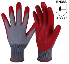 ANSI cut level A3 18G HPPE cut resistant work glove with Red Micro Foam Nitrile coated