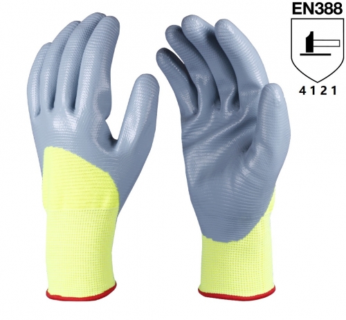 Hi Vis yellow nitrile coated U3 knitted nylon work grip glove