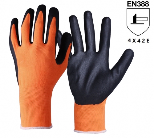 ANSI cut level A5 18G Ultra light weight High Visibility orange HPPE glass steel wire blend cut resistant work glove with PU Palm Coated